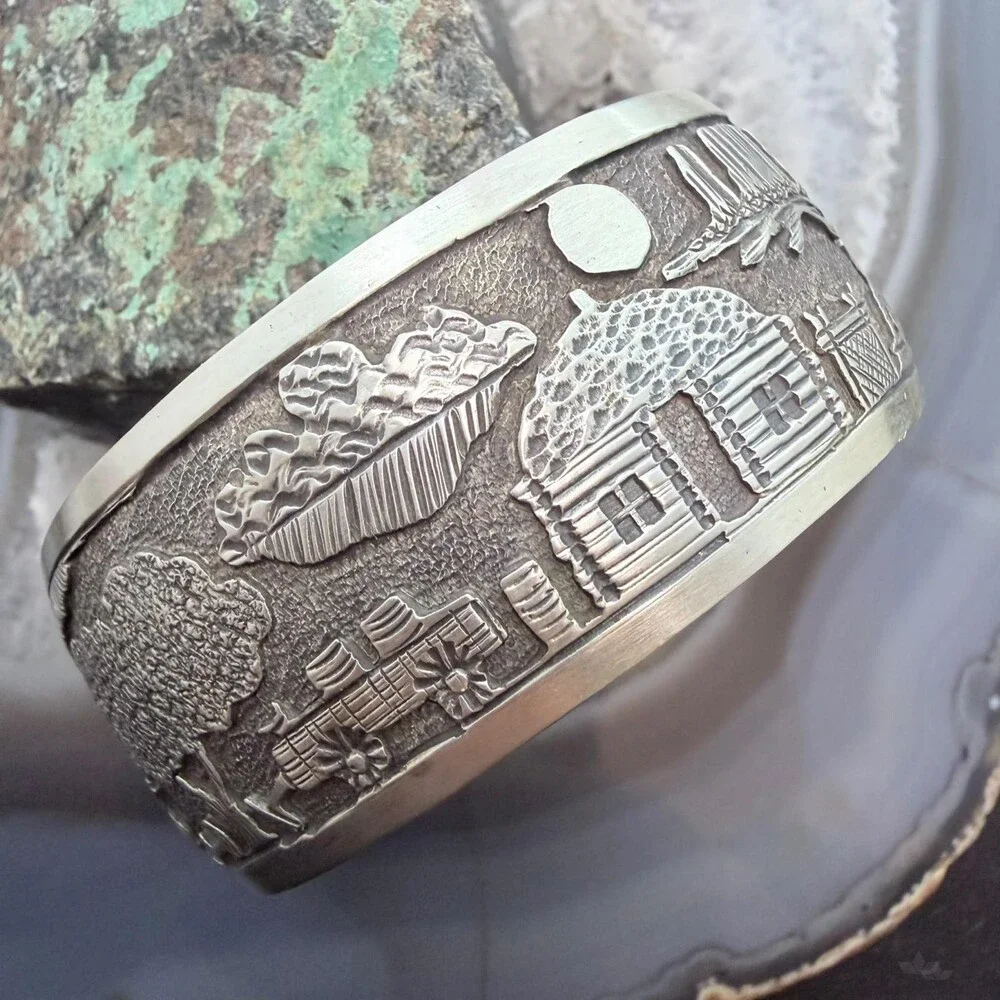 Alex Becenti Native American Sterling Village Life Storyteller Unisex Bracelet